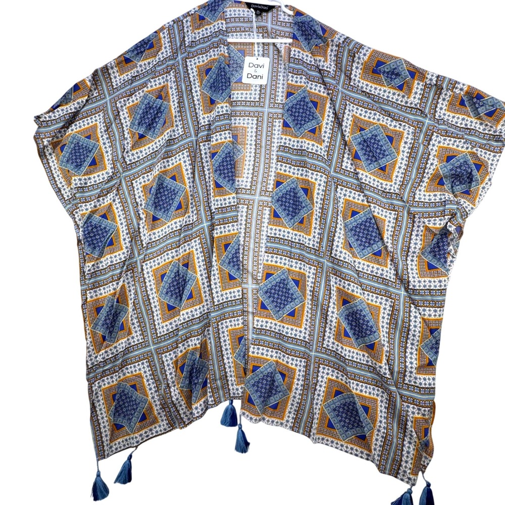 Davi & Dani Kimono Women 3XL Blue Boho Geometric Patchwork Tassel NWT